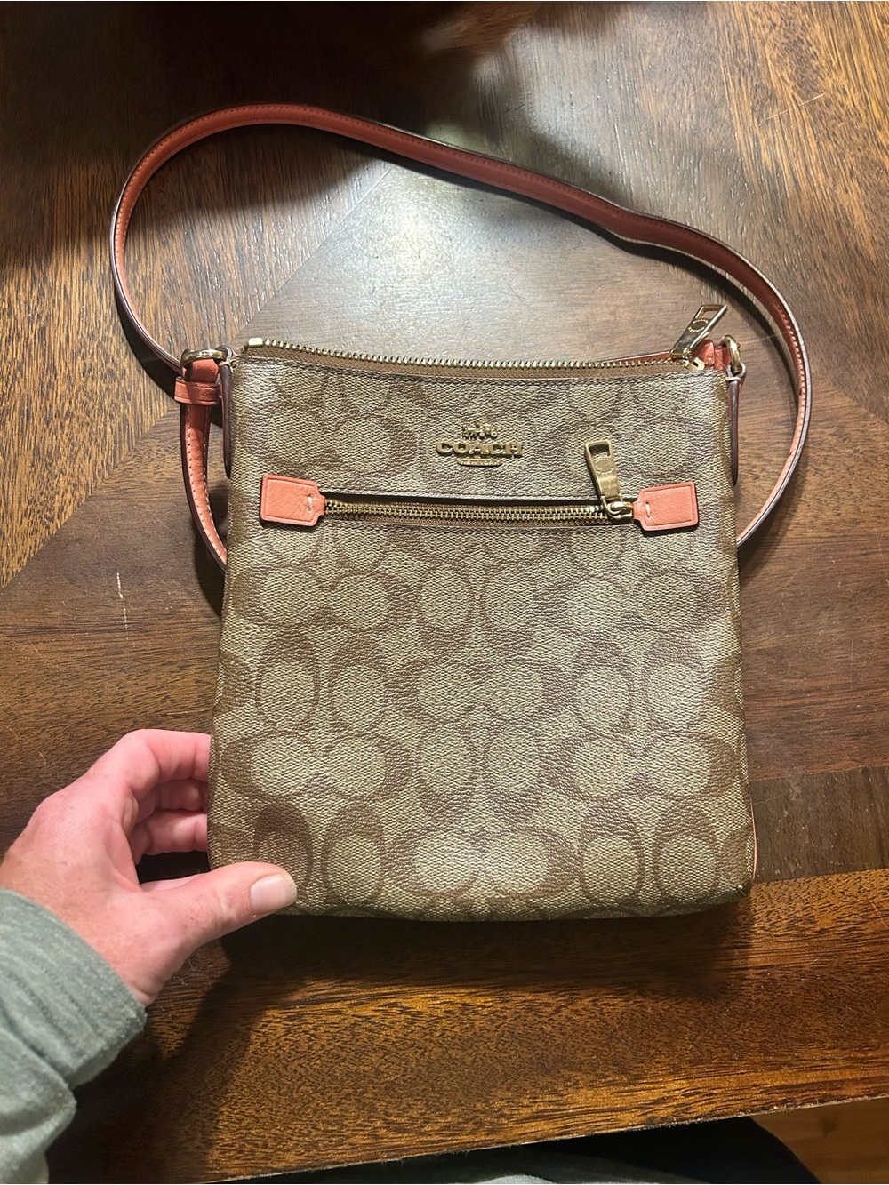 Coach Signature Canvas Crossbody with Coral Trim and Gold Hardware